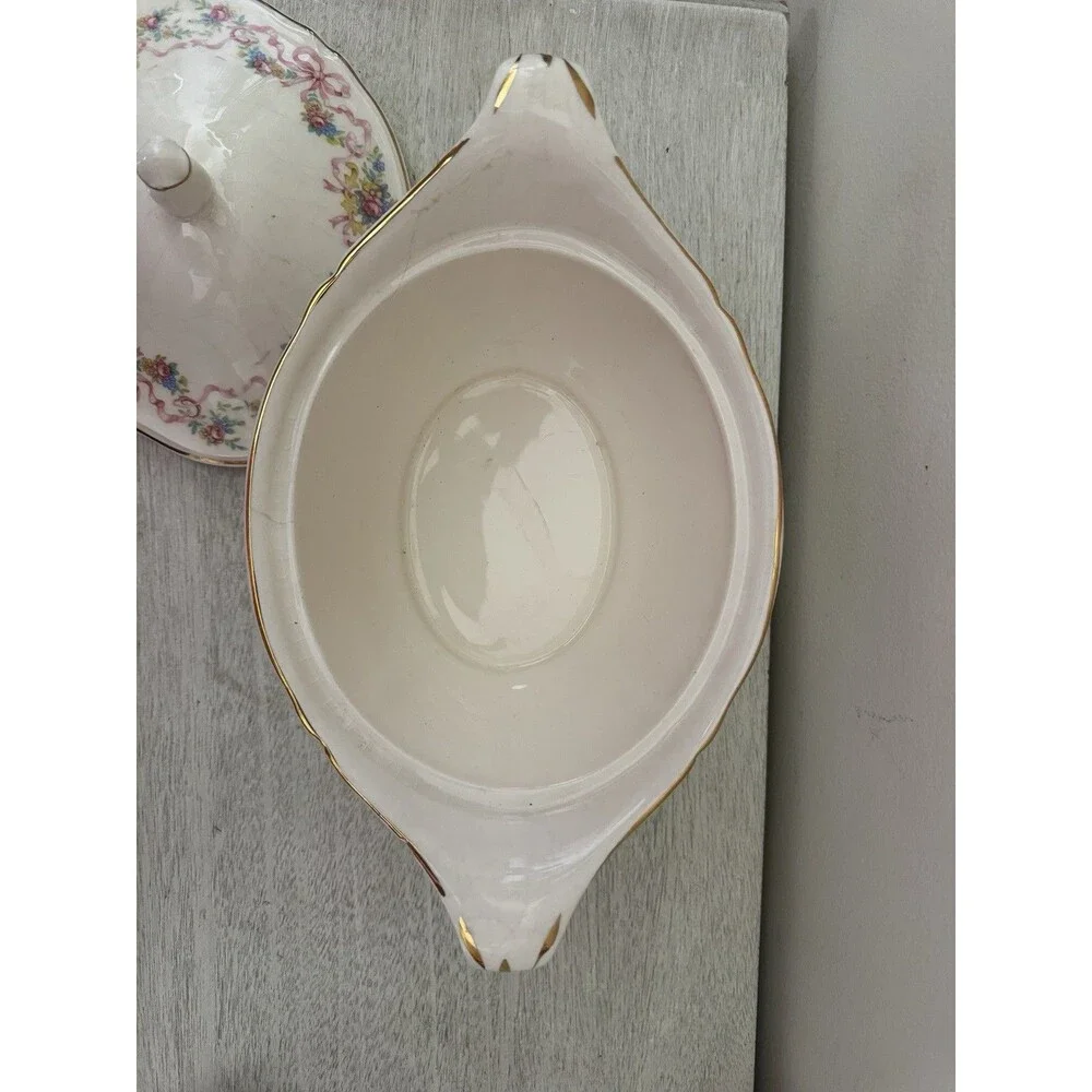 Vintage Edwin M Knowles Covered Vegetable Bowl Pink Roses Gold Trim